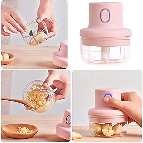 Mini Electric Food Chopper, USB Rechargeable, Pink, Portable Garlic Grinder with Clear Bowl