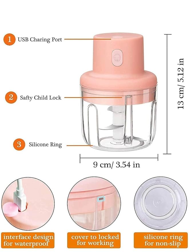 Mini Electric Food Chopper, USB Rechargeable, Pink, Portable Garlic Grinder with Clear Bowl