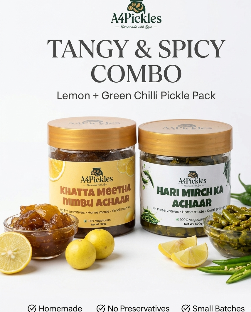 Two pickle jars with lemon and green chili on a white background, featuring A4 Pickles branding.