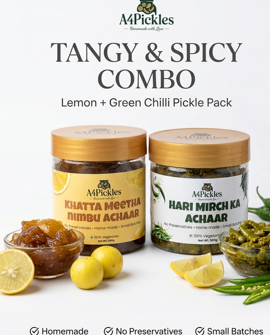 Two pickle jars with lemon and green chili on a white background, featuring A4 Pickles branding.
